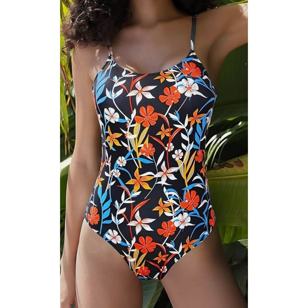 NWT Shekini Blue One Piece Med Swimsuit- Line Flower Floral Pattern Swimwear NwT